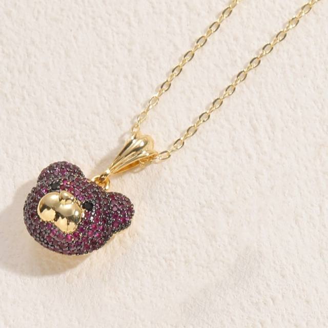 14K gold plated full diamond cute bear pendant copper necklace