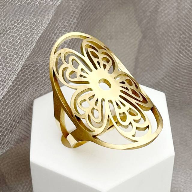 Vintage hollow out flower chunky stainless steel rings