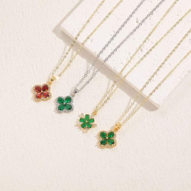 14K real gold plated emerald ruby cubic zircon clover pendant copper necklace
