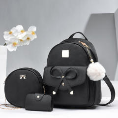 Korean fashion sweet bow fluffy ball PU leather backpack set
