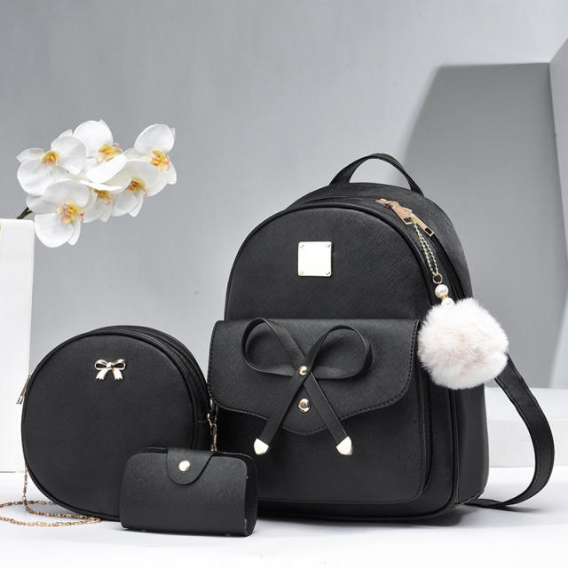 Korean fashion sweet bow fluffy ball PU leather backpack set