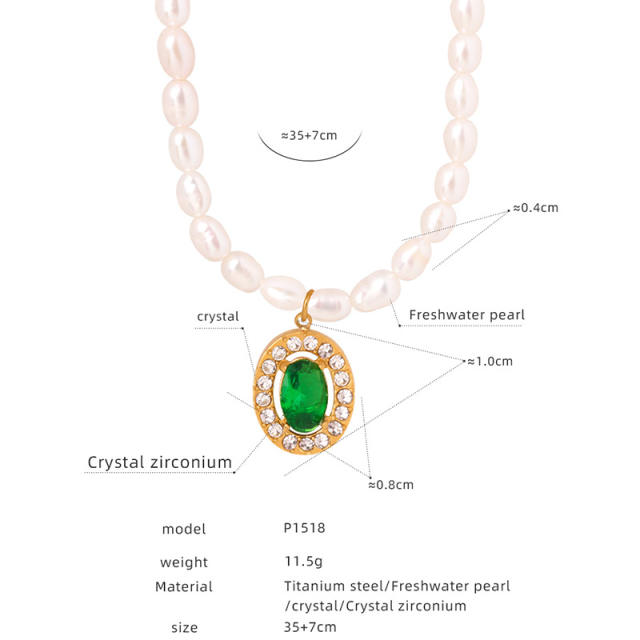 Elegant french water pearl emerald statement stainless steel necklace earrings