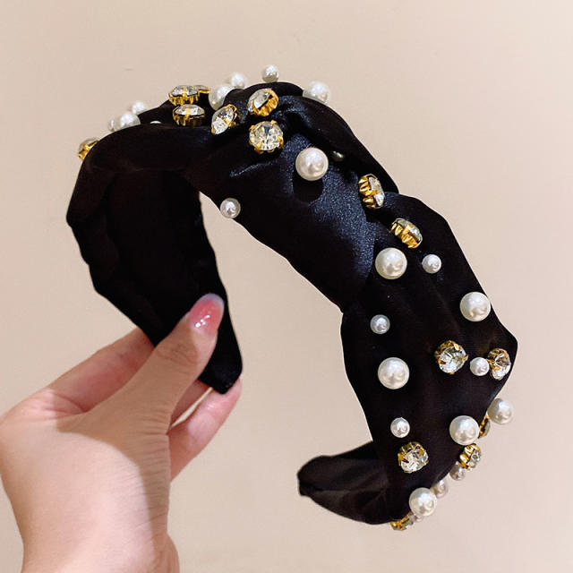 Baroque satin material knotted pearl rhinestone women headband