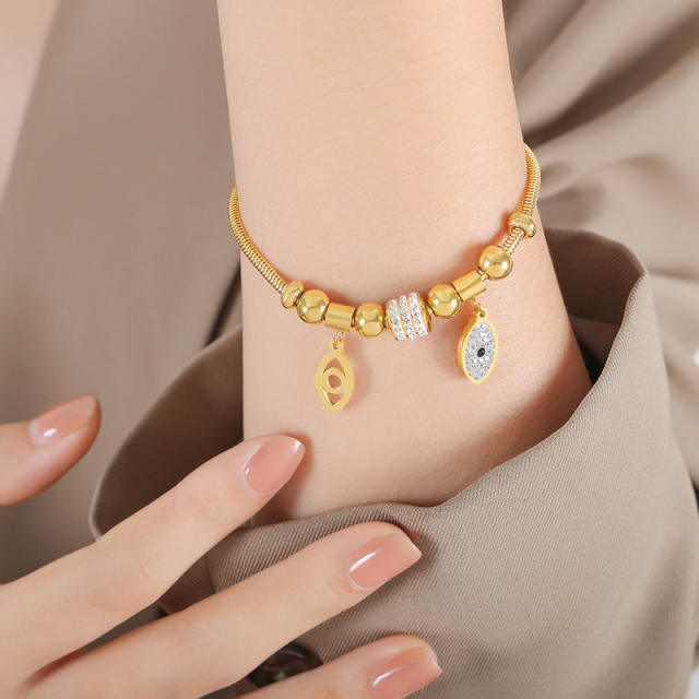 18K gold plated diamond heart evil eye stainless steel bracelet