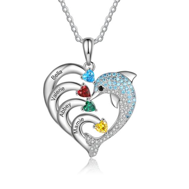 Creative diamond dolphin heart pendant engrave letter birthstone necklace