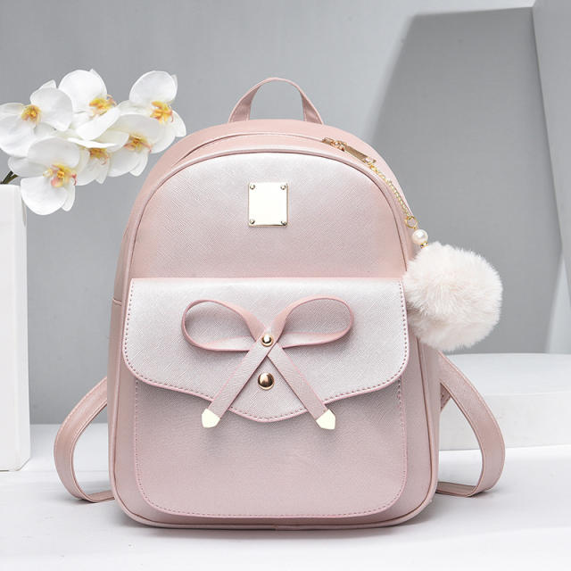 Korean fashion sweet bow fluffy ball PU leather backpack set