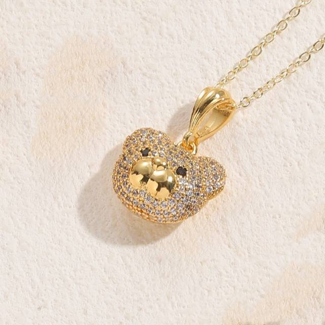 14K gold plated full diamond cute bear pendant copper necklace