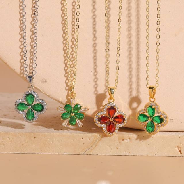 14K real gold plated emerald ruby cubic zircon clover pendant copper necklace