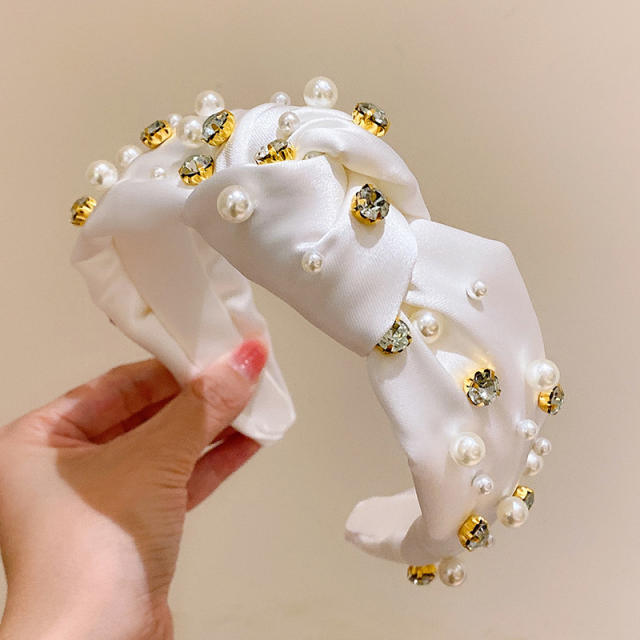 Baroque satin material knotted pearl rhinestone women headband