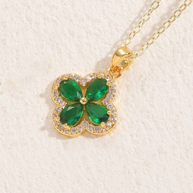 14K real gold plated emerald ruby cubic zircon clover pendant copper necklace