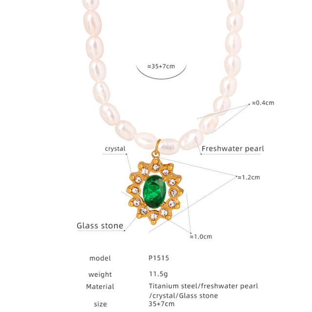 Elegant french water pearl emerald statement stainless steel necklace earrings