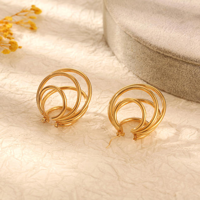 Unique multi layer stereo line chunky stainless steel earrings