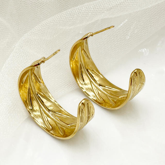 French trend open hoop leaf design stainless steel earrings