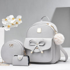 Korean fashion sweet bow fluffy ball PU leather backpack set
