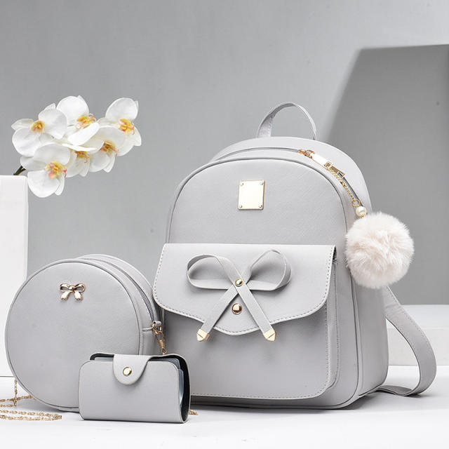 Korean fashion sweet bow fluffy ball PU leather backpack set