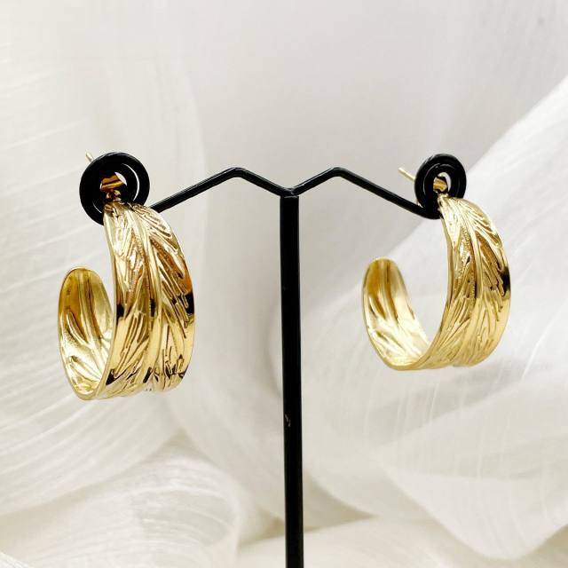 French trend open hoop leaf design stainless steel earrings
