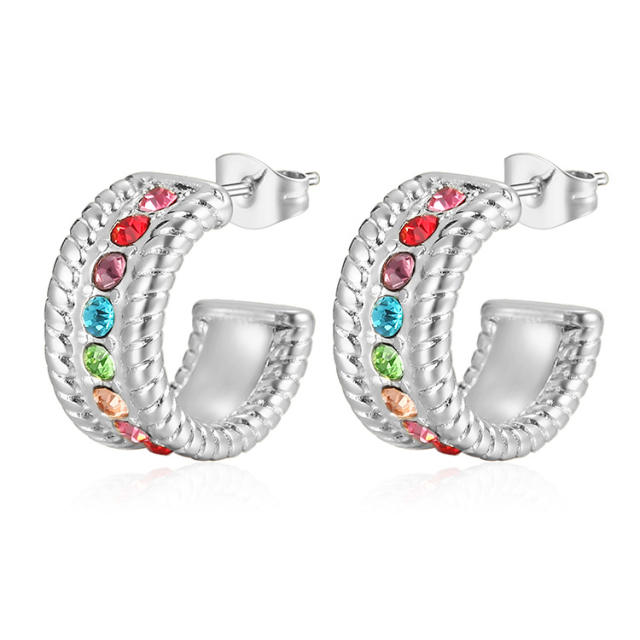 Delicate rainbow cz open hoop stainless steel earrings