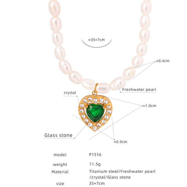 Elegant french water pearl emerald statement stainless steel necklace earrings