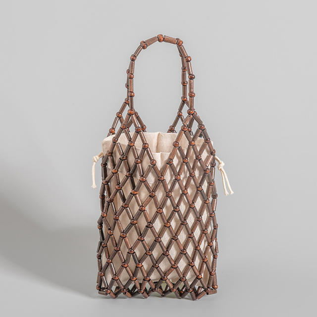 Handmade wood bead hollow out bucket bag beach bag