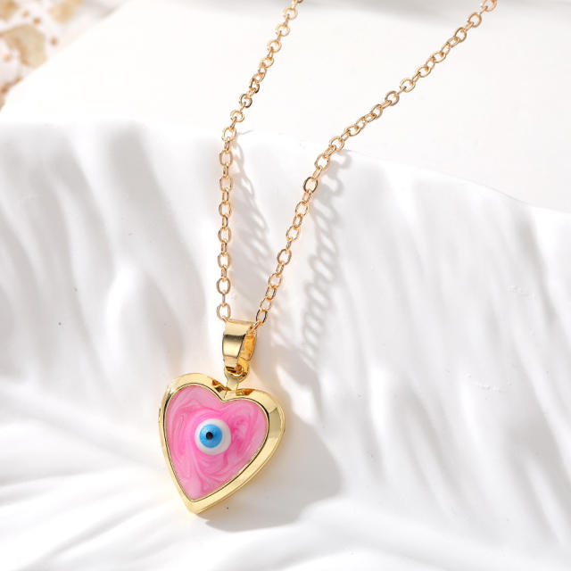 Creative color enamel copper evil eye heart locket necklace