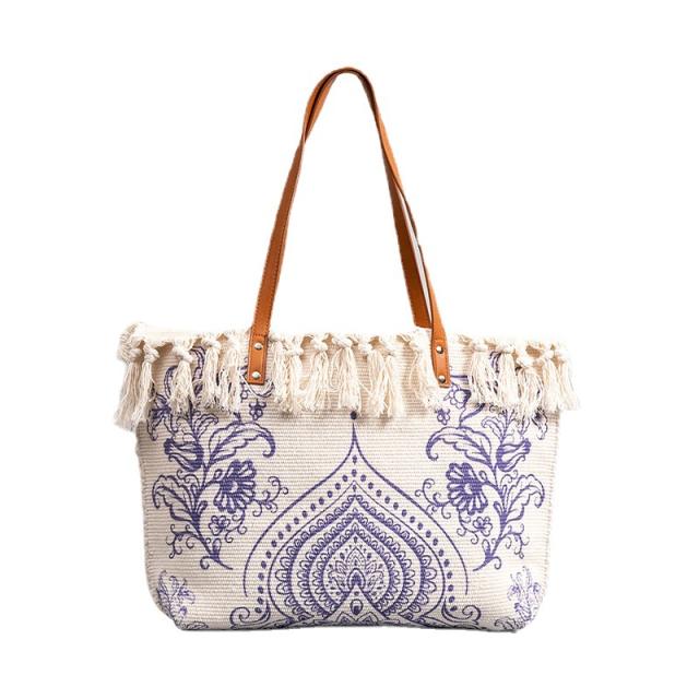 Boho colorful pattern canvas tassel women tote bag beach bag
