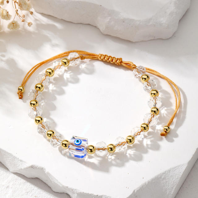 Elegant clear square crystal bead evil eye bracelet