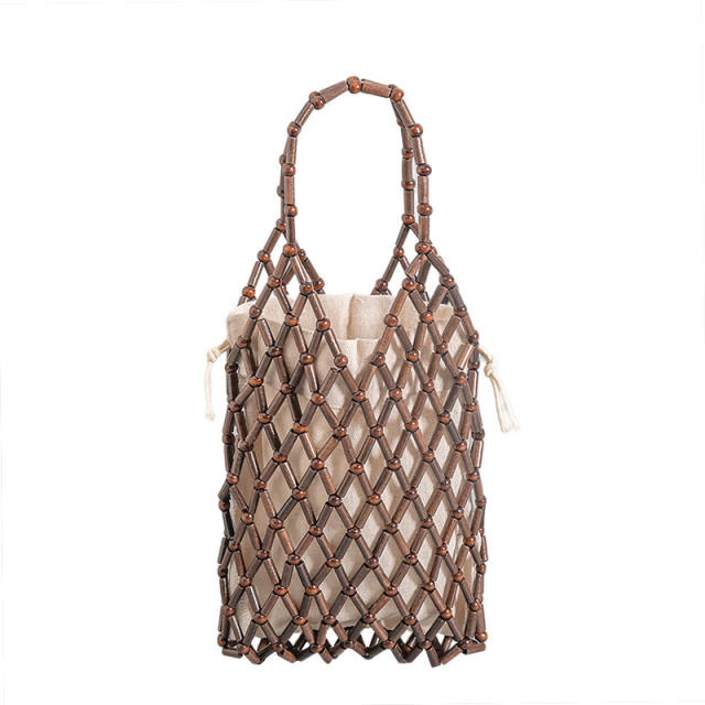 Handmade wood bead hollow out bucket bag beach bag