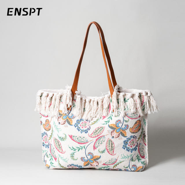 Boho colorful pattern canvas tassel women tote bag beach bag