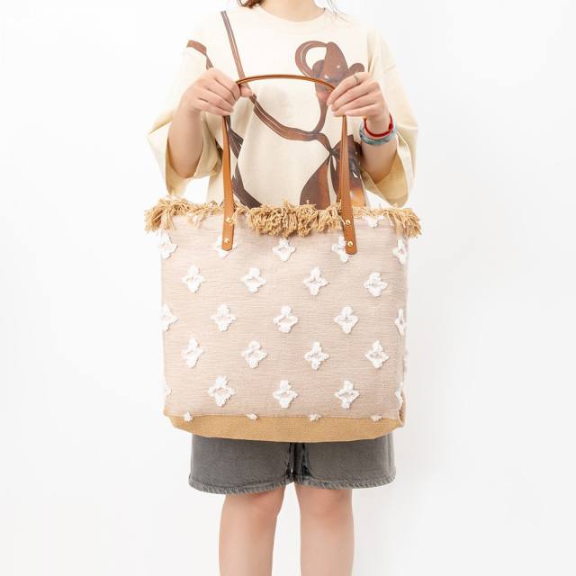 Summer design embroidery canvas tassel large storage tote bag beach bag