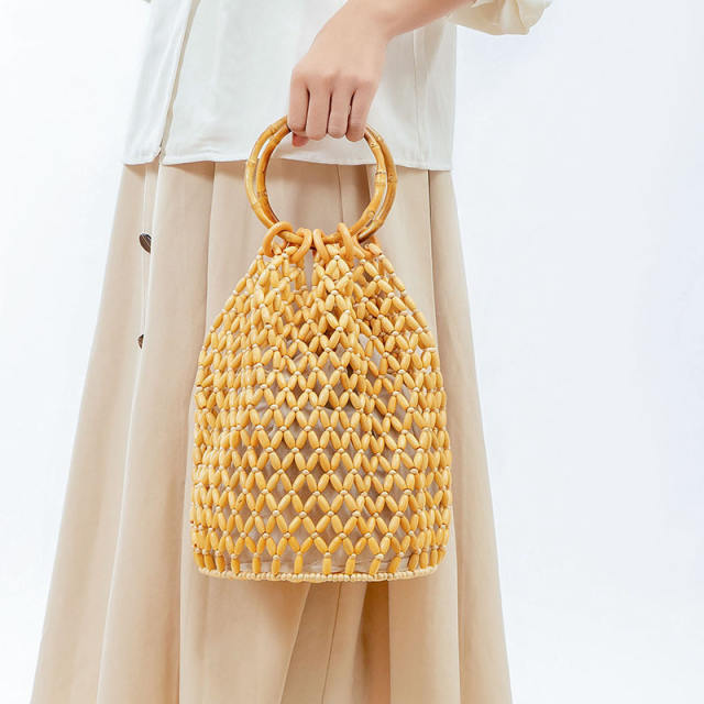 Summer design handmade wood bead hoolow out bucket bag handbag