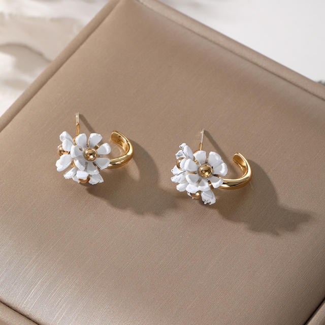 Korean fashion colorful flower open hoop studs earrings