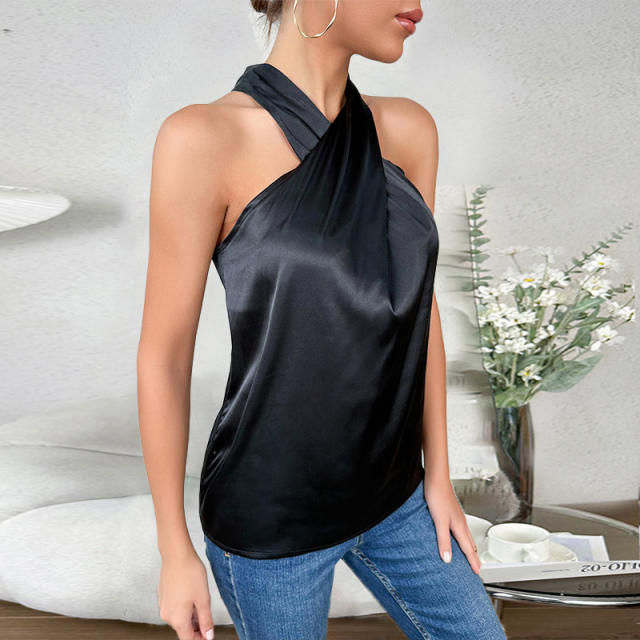 Sexy black color halter neck stain women tops