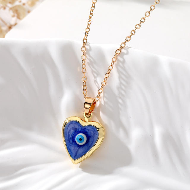 Creative color enamel copper evil eye heart locket necklace