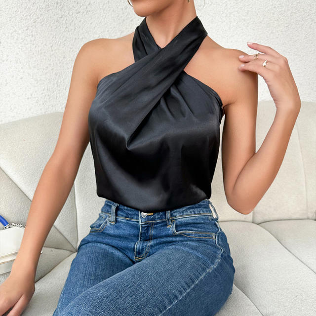 Sexy black color halter neck stain women tops