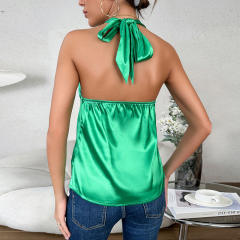 Sexy green color stain halter neck women tops