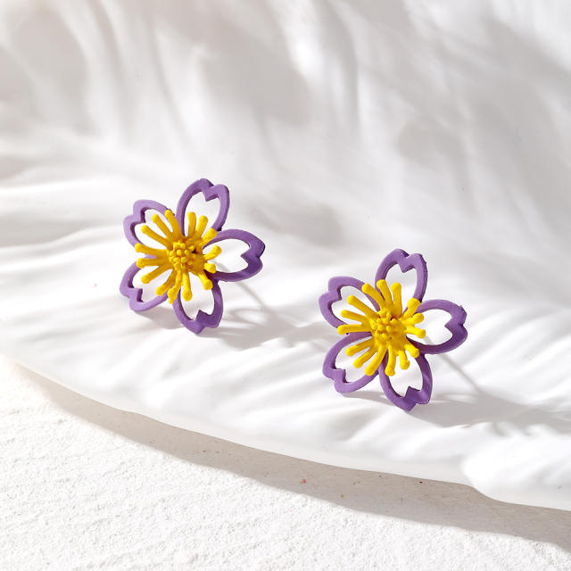 Korean fashion sweet colorful hollow out flower studs earrings