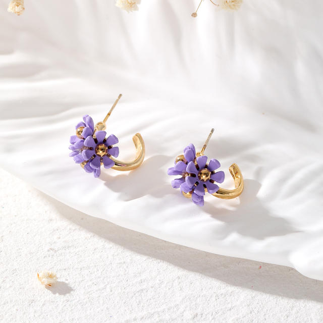 Korean fashion colorful flower open hoop studs earrings