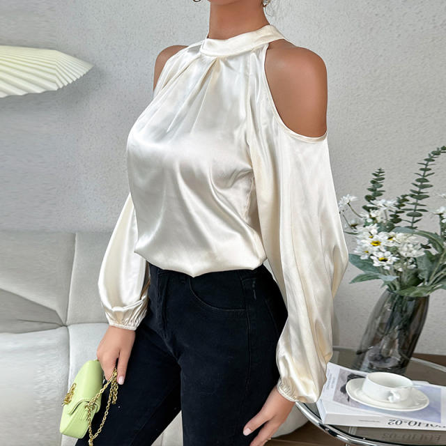Elegant cold shoulder plain color stain elegant women blouse