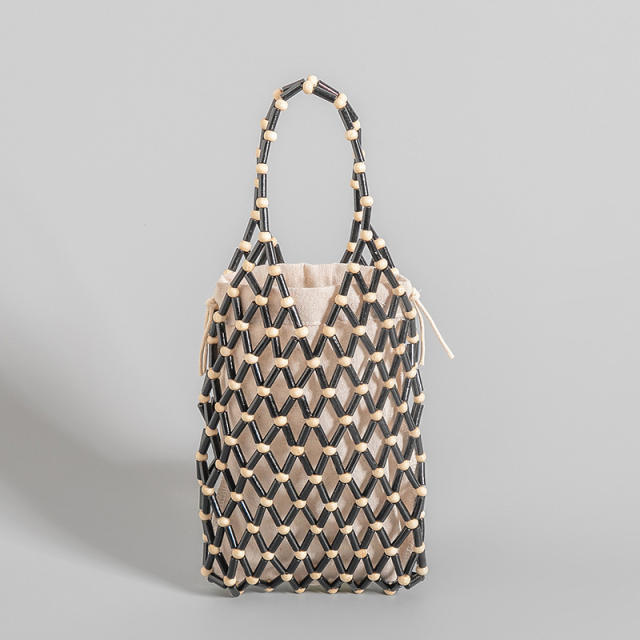 Handmade wood bead hollow out bucket bag beach bag