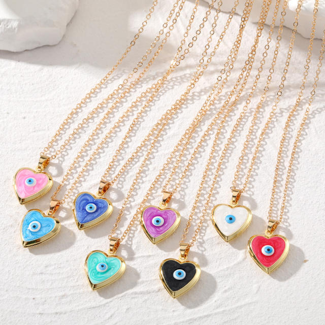 Creative color enamel copper evil eye heart locket necklace