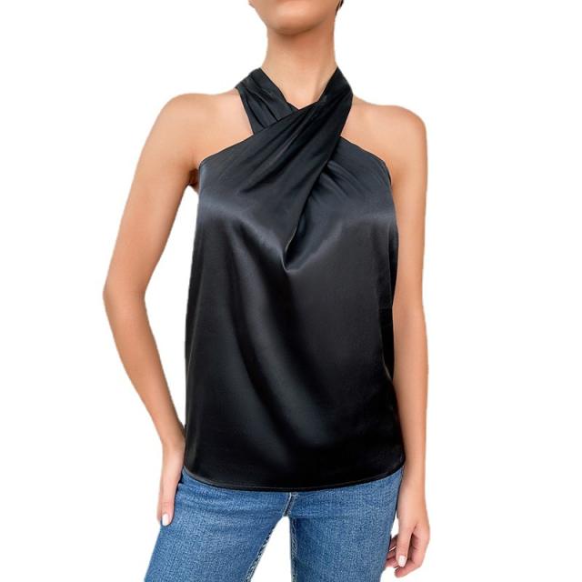 Sexy black color halter neck stain women tops