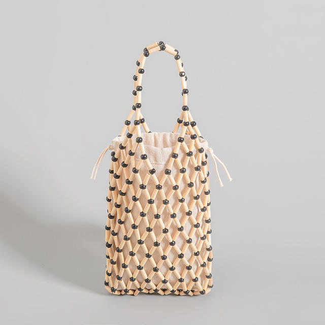 Handmade wood bead hollow out bucket bag beach bag
