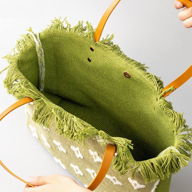 Summer design embroidery canvas tassel large storage tote bag beach bag