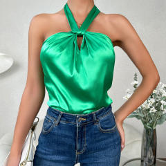 Sexy green color stain halter neck women tops