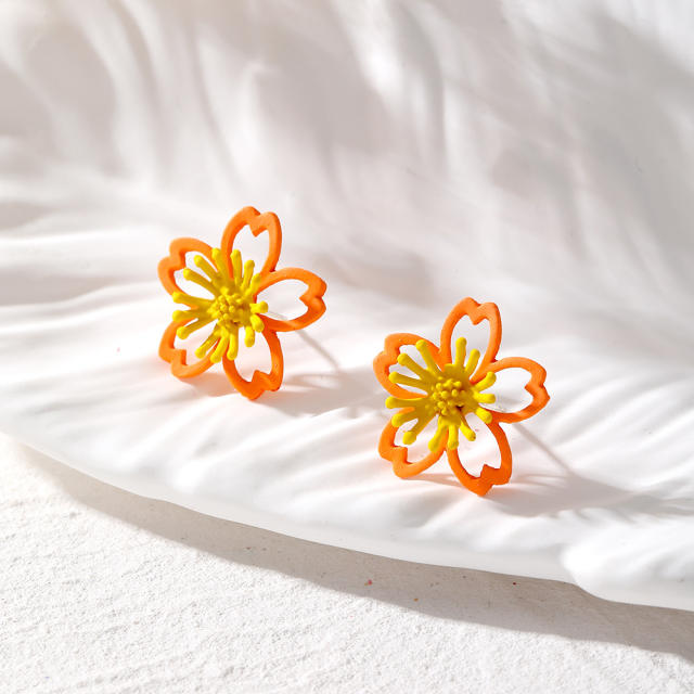 Korean fashion sweet colorful hollow out flower studs earrings