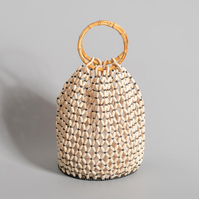Summer design handmade wood bead hoolow out bucket bag handbag
