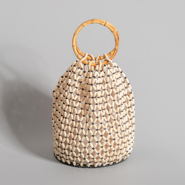 Summer design handmade wood bead hoolow out bucket bag handbag