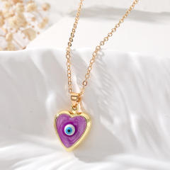 Creative color enamel copper evil eye heart locket necklace