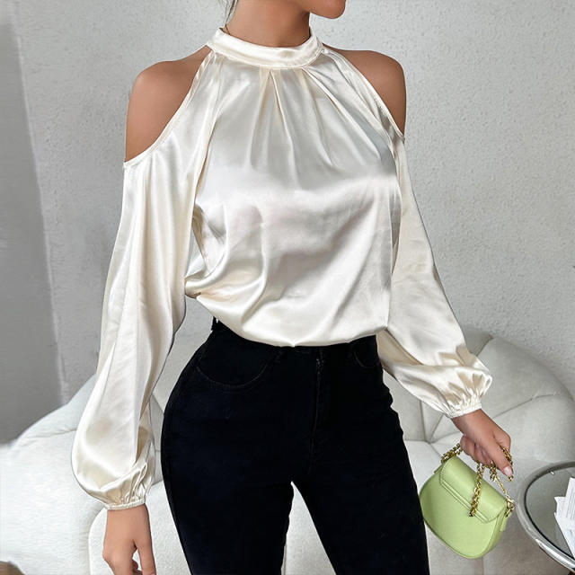 Elegant cold shoulder plain color stain elegant women blouse