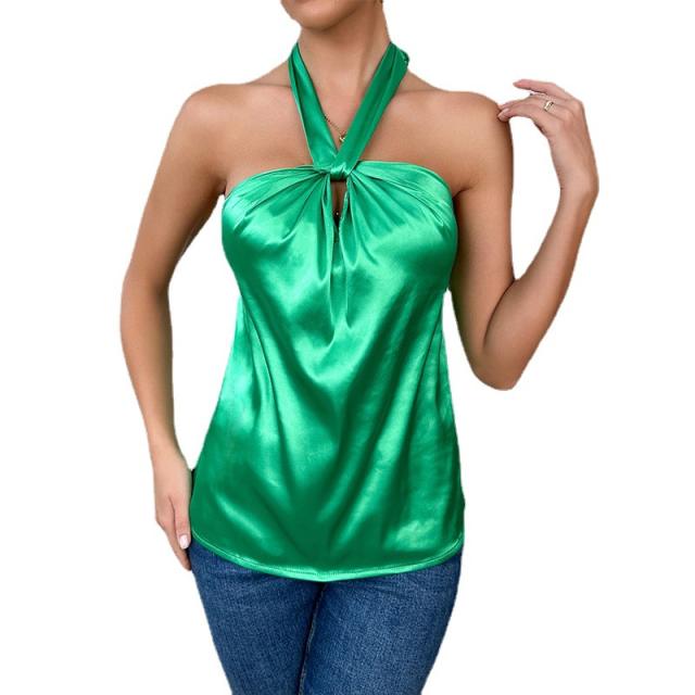 Sexy green color stain halter neck women tops